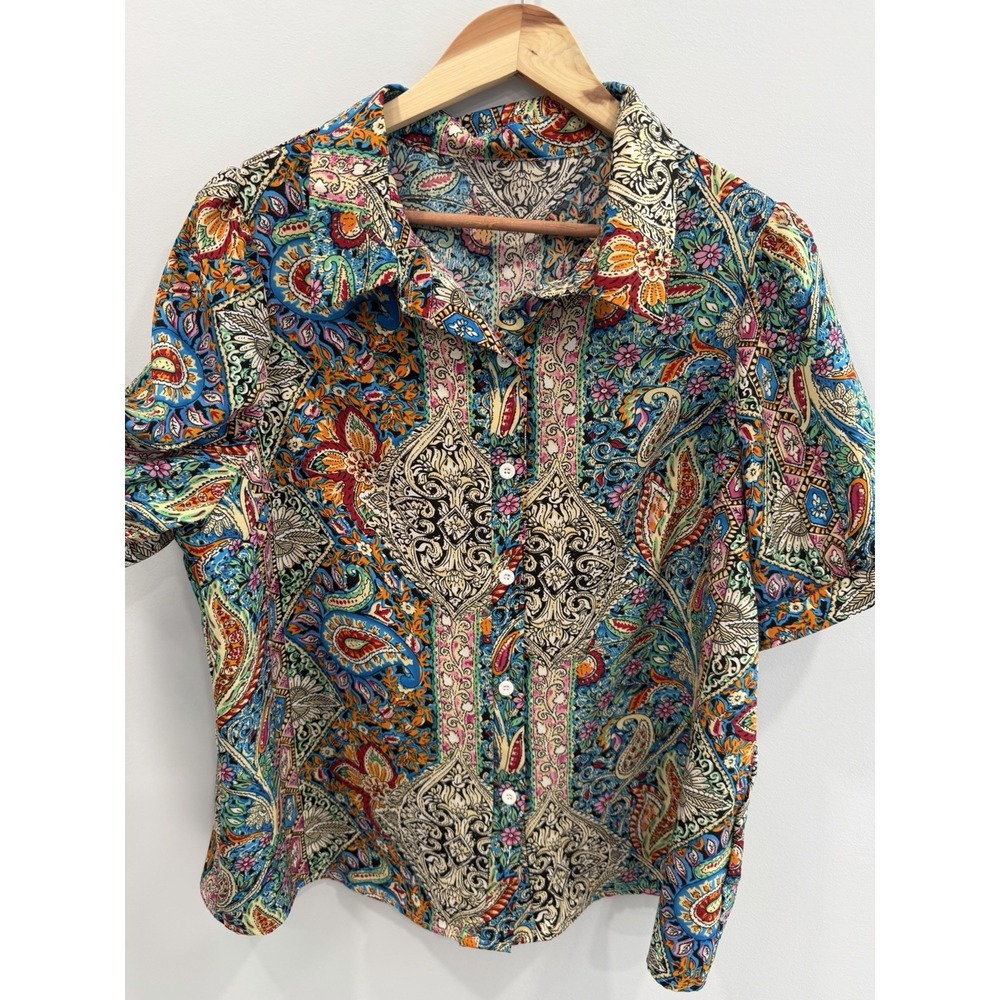 Emery Rose 1XL Women's Paisley Button Front Blouse Colorful Boho Shirt Retro - Picture 6 of 9